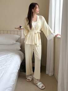 DAZY 3pcs Lace Patchwork Sheer Shoulder Sleepwear Set Pajama - Beige - View 3