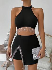 VaVaBold Top Corto De Lentejuelas Y Borlas Decorado Con Dobladillo Asimétrico Y Conjunto De Falda Entallada Al Cuerpo