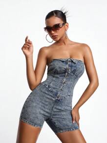 AVEEATION Designer Kvinnor Button Front Tube Cowgirl Denim Romper, för sommar, semester, festival - Blå - Visa 7