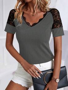 SHEIN LUNE Women's V-Neck Lace Patchwork Short Sleeve T-Shirt With Shoulder Insert Graphic Tees Women Tops - Dark Grey - View 3