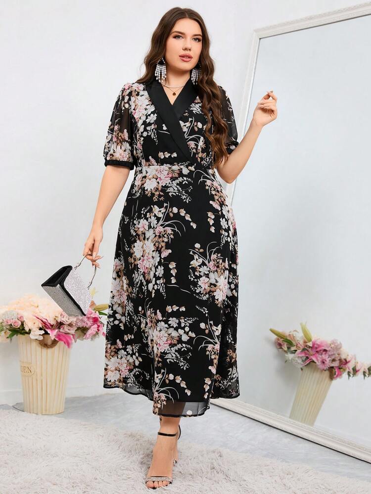 Plus Size Floral Print Dress With Shawl Collar And Puff Sleeves Long Evening Dresses