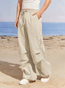 Manfinity VCAY Men's Casual Drawstring Waist Straight Leg Woven Pants - Apricot - View 4