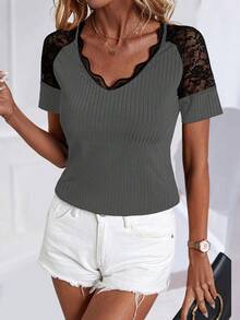 SHEIN LUNE Women's V-Neck Lace Patchwork Short Sleeve T-Shirt With Shoulder Insert Graphic Tees Women Tops - Dark Grey - View 5