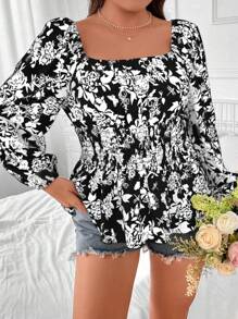 Franclia 大碼花卉印花方領燈籠袖襯衫