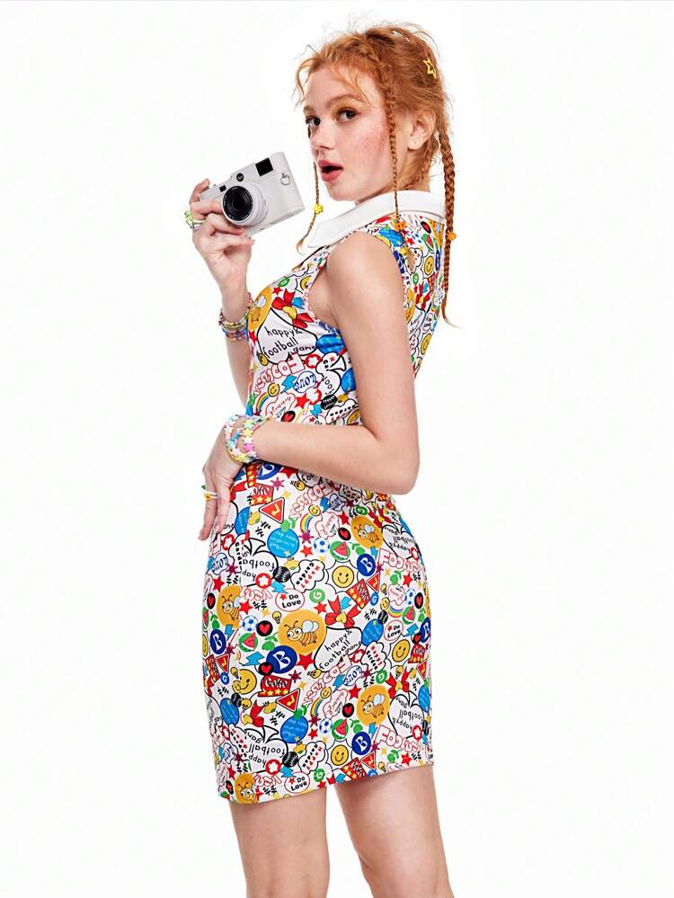 Quirky Fun Dopamine Printed Polo Neck Vest Women's Dress