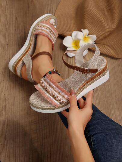 Sandali Multicolore Platform Con Tacco Zeppa Spessa Da Donna Con Suola In Corda Di Iuta, Estate