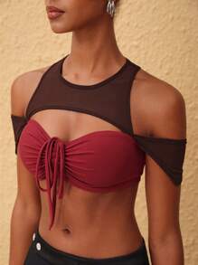 Mackenzie Brynn 设计师款女式撞色网眼修身短款上衣，适合夏季、假日和节日 - 彩色 - 查看 6