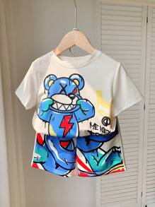 SHEIN Leap Crew 幼兒男童可愛卡通熊圖案寬鬆短袖上衣和短褲套裝 - 卡其色 - 查看 1
