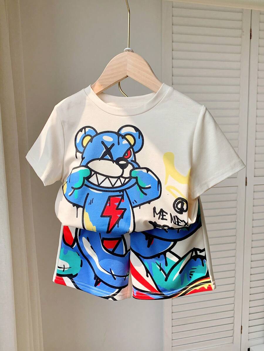 SHEIN Leap Crew 幼兒男童可愛卡通熊圖案寬鬆短袖上衣和短褲套裝 - 卡其色 - 查看 1