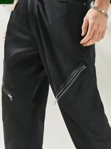 Manfinity Hypemode 男士拉鍊休閒直筒褲 - 黑色 - 查看 5