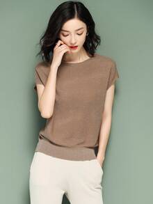 Casual Shiny Crew Neck Knit Top, Spring/Summer - Khaki - View 5