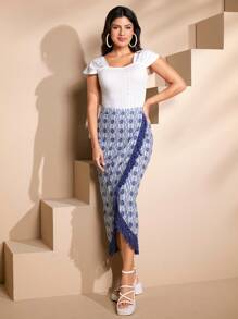 Seusyu Printed Fringe Decorated Straight Skirt - Blue - View 6