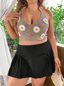 Flirla Top De Punto Para Mujer Con Aplicaciones De Margarita En Cuello Halter De Talla Grande, Tela Mezclada