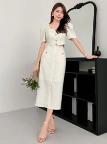 Wynsel Bộ 2 món/Bộ đồ vest ngắn tay bồng màu trơn công sở và váy vest - trắng - Xem 3
