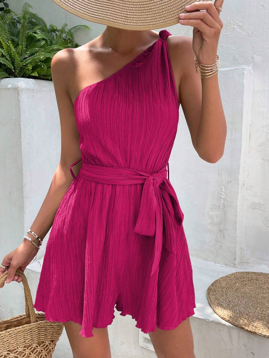 SHEIN Frenchy Women's One-Shoulder Sleeveless Romper Christmas Summer - Hot Pink - View 1