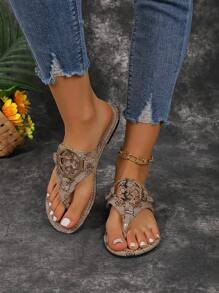 女士卡其色刺绣花朵圆扣平底凉拖鞋，人字拖款式，防滑鞋底，室内外皆宜，春夏穿搭必备 - 卡其色 - 查看 3