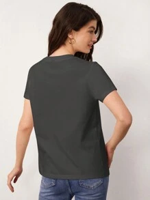 SHEIN BASICS Ladies' Solid Color Short Sleeve T-Shirt - Dark Grey - View 2