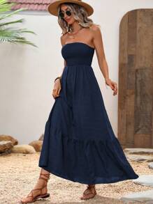 Breezaya Women's Solid Color Shirred Strapless Ruffle Hem Vacation Dress Maxi Vacation Beach Outfit