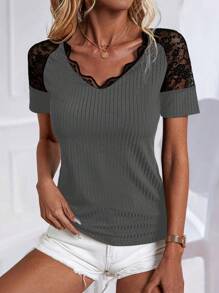 SHEIN LUNE Women's V-Neck Lace Patchwork Short Sleeve T-Shirt With Shoulder Insert Graphic Tees Women Tops - Dark Grey - View 1