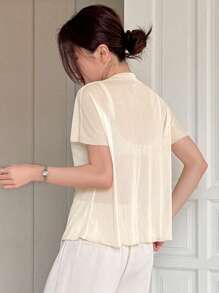 DAZY Sheer Mesh Draped Neck One Shoulder Short Sleeve Top - Apricot - View 5