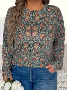 SHEIN LUNE 大码复古花卉印花长袖 T 恤图案 T 恤女式上衣适合春季服装