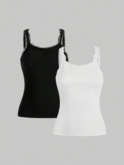 Conjunto de 2 piezas para mujer con top tipo camiseta de tirantes de encaje negro y blanco, para la escuela