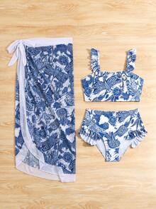 Tween Girls 熱帶印花比基尼泳衣套裝,蕾絲細節,沙灘度假必備泳裝 - 彩色 - 查看 5