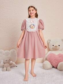 SHEIN Leap Crew Tween Girls' Lovely Princess Style Round Neck Sleep Dress With Bow Decoration And Bunny Embroidery For Summer - Baby Pink - View 1