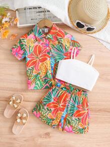 SHEIN Conjunto de tres piezas informal para niña joven con estampado tropical para vacaciones de verano - Multicolor - Ver 1