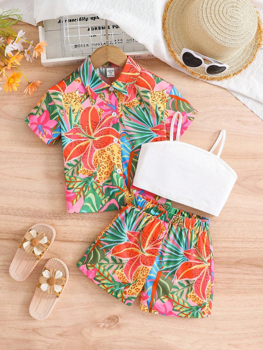 SHEIN Conjunto de tres piezas informal para niña joven con estampado tropical para vacaciones de verano - Multicolor - Ver 1