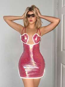 Sweetina 心形反光邊緣修身背心連身裙 - 粉色 - 查看 6