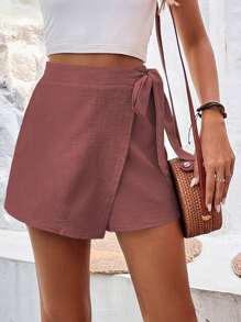 SHEIN Frenchy Solid Knot Side Wrap Skort Cotton Summer Pink Casual - Dusty Pink - View 1