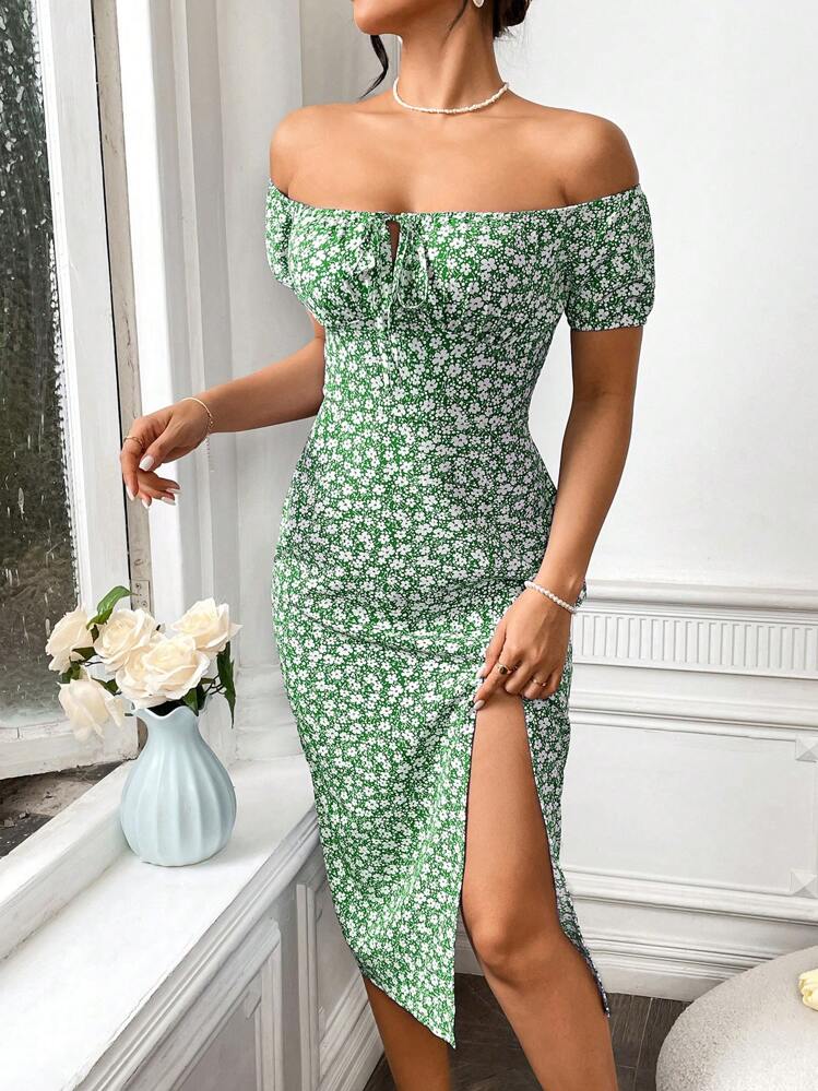 SHEIN Unity Vestido Floral Off-shoulder Com Fenda E Faixa Na Cintura - Verde - Visão 5