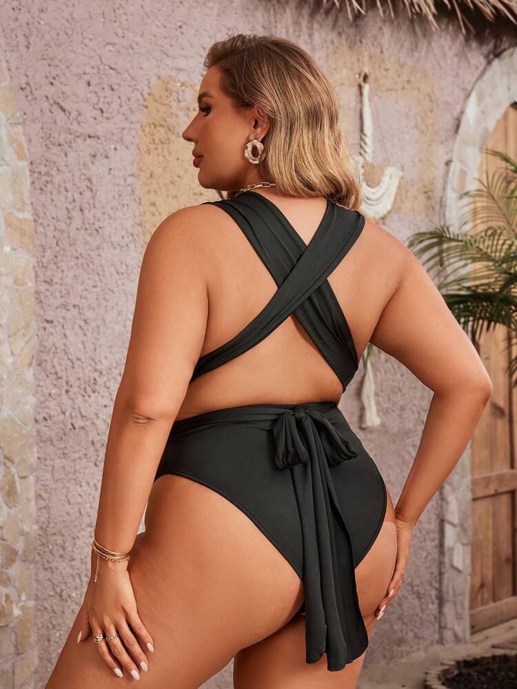 Plus Size Deep V-Neck Criss-Cross Open Back Bodysuit