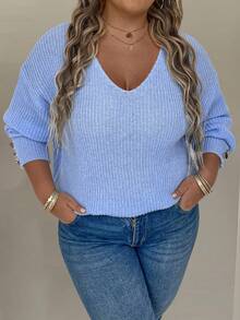 EMERY ROSE Kích thước lớn Trang trí Nút Cổ chữ V Lỏng lẻo Áo len dệt kim Với Vai - Màu xanh lam - Xem 4