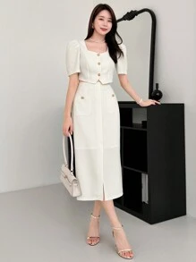 Wynsel Bộ 2 món/Bộ đồ vest ngắn tay bồng màu trơn công sở và váy vest - trắng - Xem 4