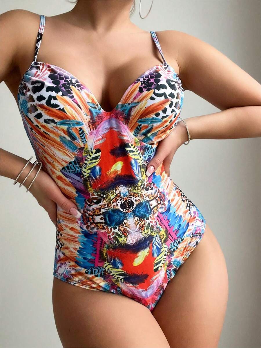 SHEIN Swim 女士豹纹拼接吊带连体泳衣，适合夏季、海滩、游泳、度假 - 彩色 - 查看 1