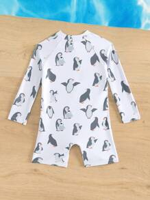 嬰兒男童企鵝印花半拉鍊單件泳衣,適用於夏季,長袖游泳衣海灘服裝防曬防刮傷假期 - 彩色 - 查看 2