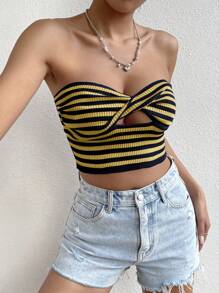 SHEIN Unity Women's Striped Knitted Twist Front Hollow Out Strapless Top - Multicolor - View 5