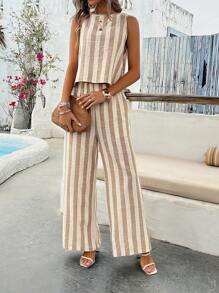 Chiquease Ladies' Striped Round Neck Vest And Pants Set - Khaki - View 3