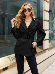 GASMAN Women's Single-Breasted Solid Color Long Sleeve Trench Coat - Black - View 1