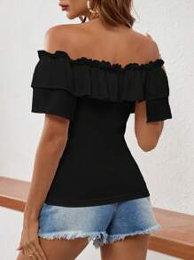 SHEIN VCAY Solid Color Off Shoulder Multi Layer Lace T-Shirt - Black - View 2