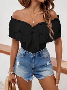 SHEIN VCAY Solid Color Off Shoulder Multi Layer Lace T-Shirt - Black - View 3