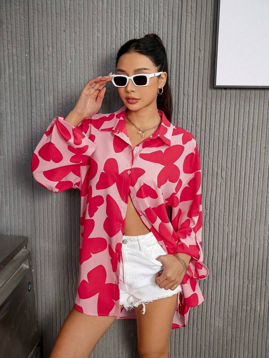 Aveloria Heart Print Buttoned Down Long Sleeve Shirt - Multicolor - View 1