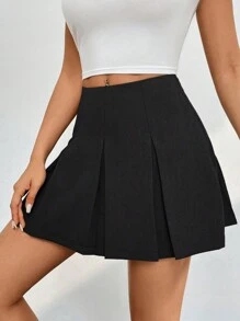 SHEIN PETITE Women's Solid Color Pleated Skirt Mini Skirt - Black - View 5