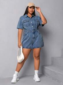 SHEIN EZwear Kích thước lớn Nút-Mặt trước Một nửa thân trước Ngắn tay Denim Áo liền quần Với Flap túi - Rửa trung bình - Xem 5
