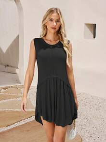 Nouvelle Robe Tricotée Ample, Color Block Col Rond Pour Femmes, Élégante Pour Le Printemps Et L'été - Noir - Voir 6