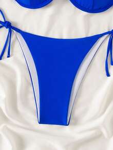 SHEIN Swim 女士纯色比基尼套装，带金属链带和分离式钢圈设计，钢圈细绳比基尼套装泳装泳衣沙滩装夏季度假夏日海滩 - 寶藍色 - 查看 7