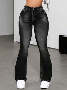 SHEIN ICON Washed Flared Jeans With Slanted Pockets - Black - View 6