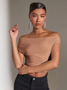 SHEIN BAE Áo croptop nữ màu trơn trễ vai xếp ly - Màu Khaki - Xem 3